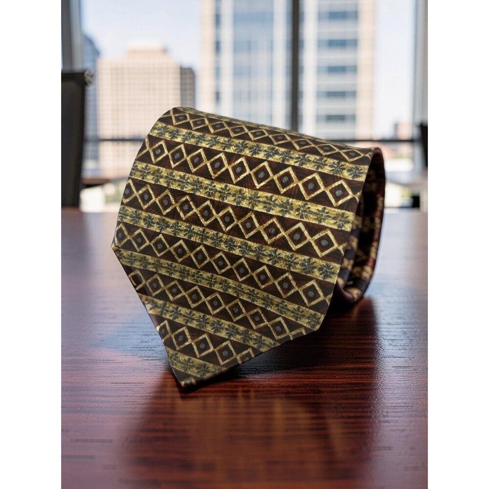 Lamberti Men’s Tie 100% Silk Made in Italy Brown Gold Geometric Necktie 59" x 4"
